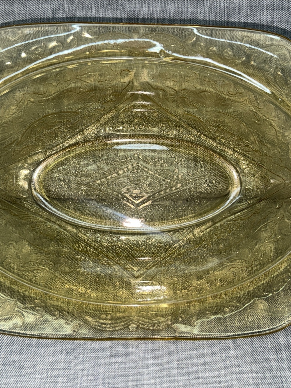 Vintage Amber Depression Glass Oval Serving Tray Embossed Scroll Pattern 11”